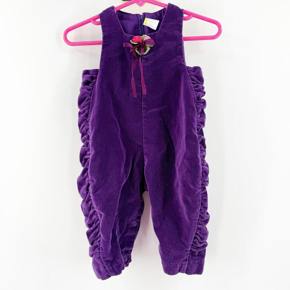 Vintage Velvet Overalls Size 3-6 Months Baby Girl Purple Ruched 100% Cotton